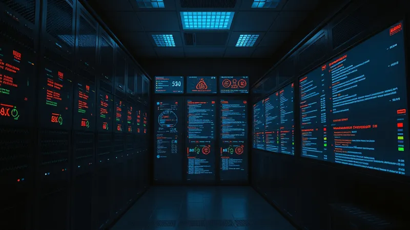 Sala de servidores con indicadores de errores silenciosos en dashboards de monitoreo
